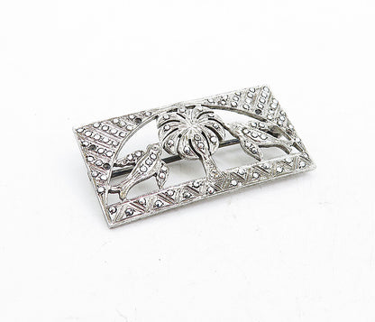 925 Sterling Silver  Vintage Sparkling Palm Tree & Birds Brooch Pin  BP1920