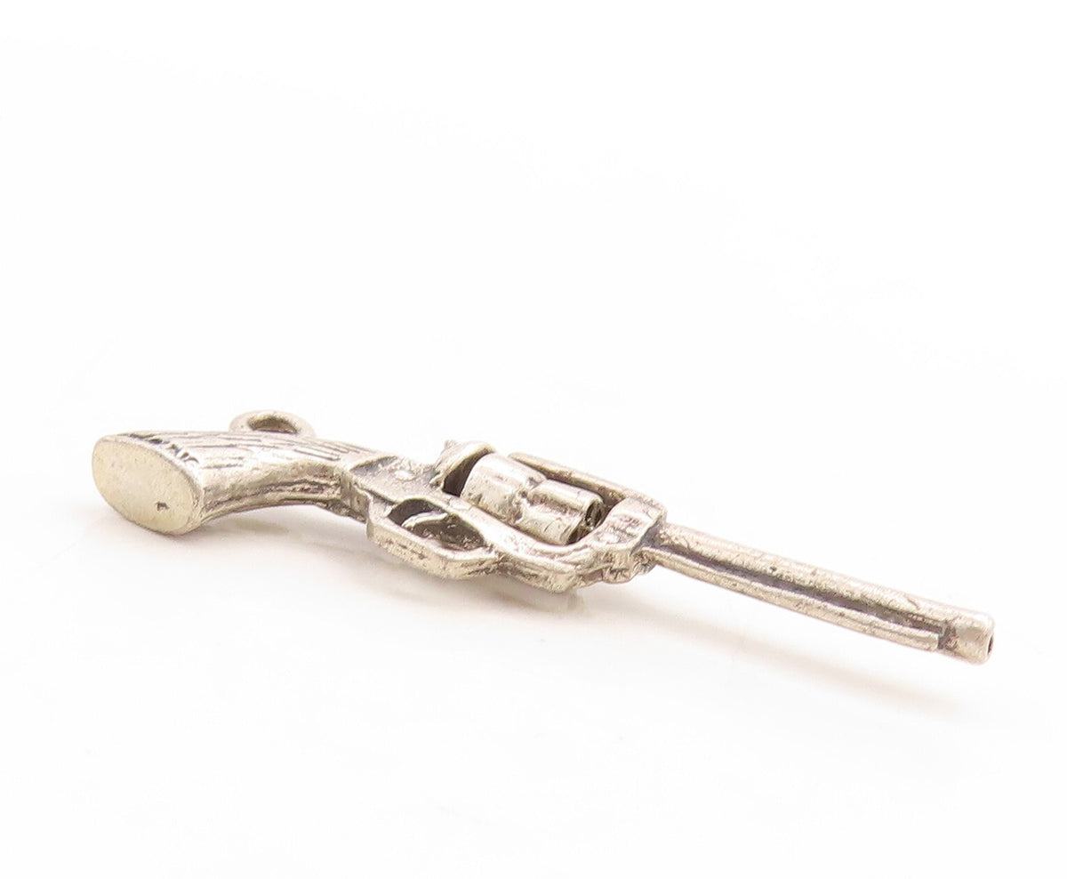 925 Sterling Silver Vintage Pendant Solid Carved Revolvers Gun Charm  PT23751