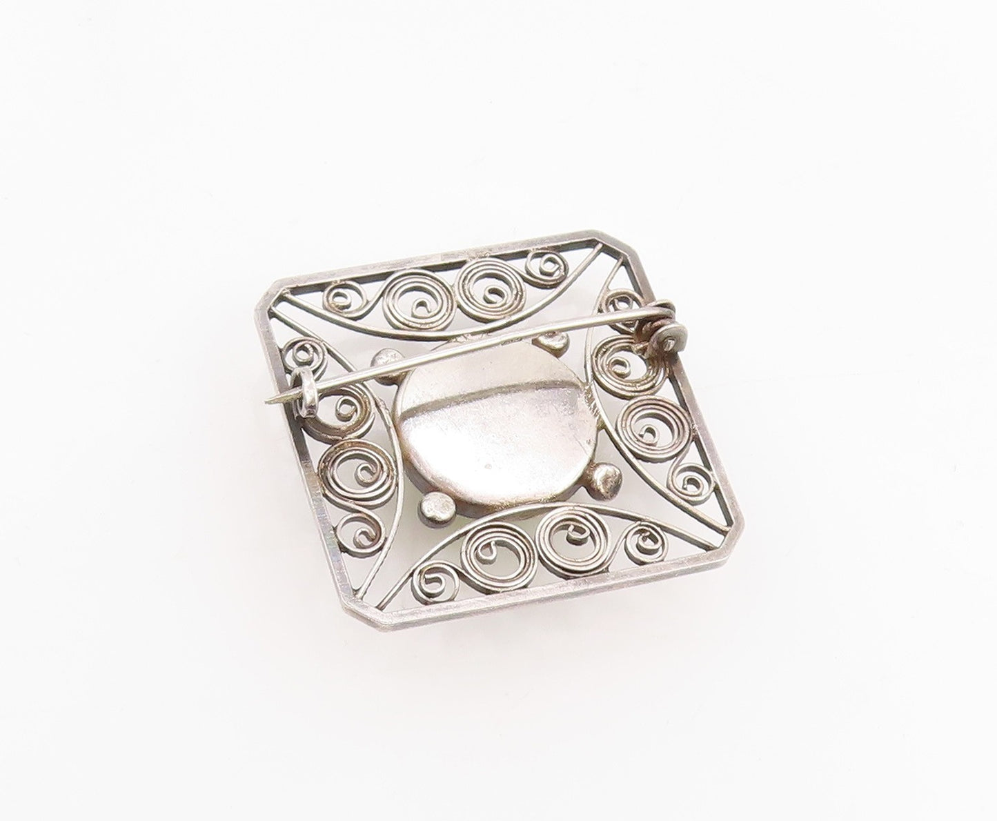 925 Sterling Silver Vintage Brooch Round Cabochon Gemstone Filigree Pin  BP11997