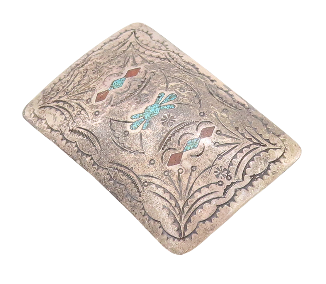 925 Sterling Silver Vintage Belt Buckle NAVAJO ZUNI Crush Turquoise  TR3781