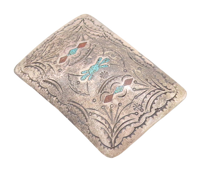 925 Sterling Silver Vintage Belt Buckle NAVAJO ZUNI Crush Turquoise  TR3781