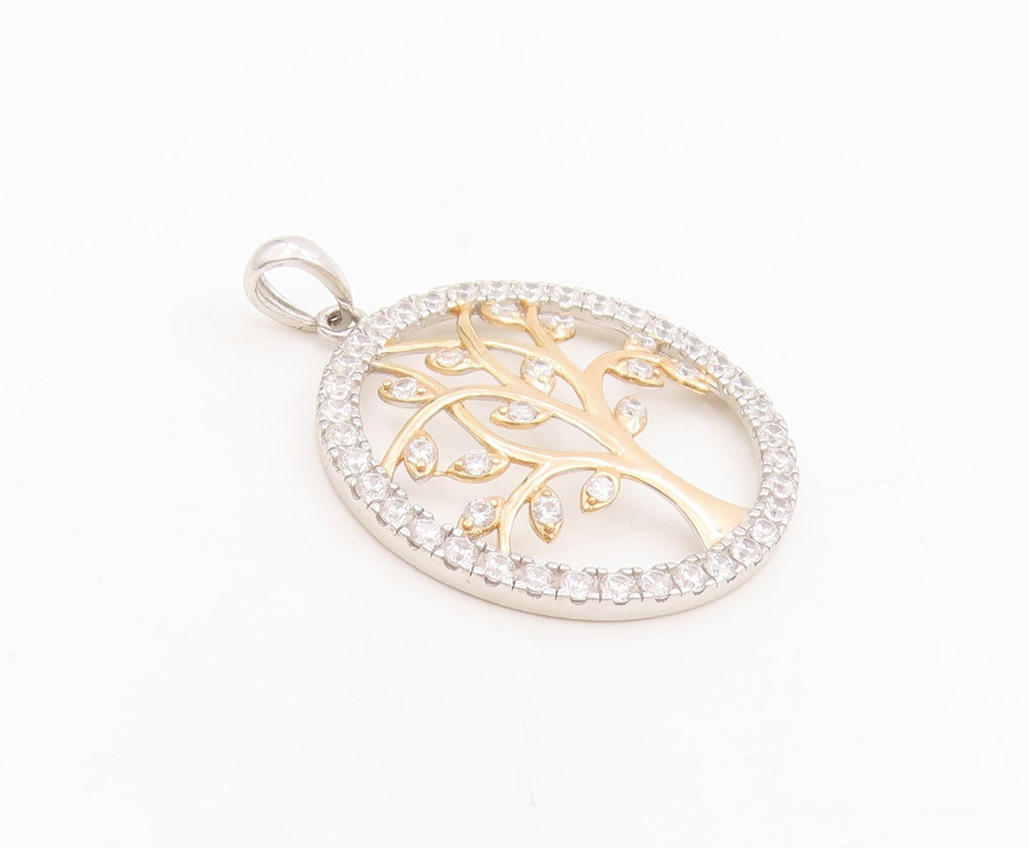 925 Sterling Silver Vintage Pendant CZ Two Tone Tree Of Life Medallion  PT25537