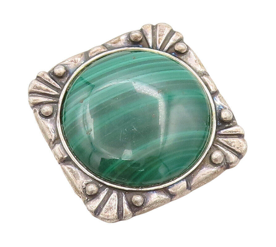 925 Sterling Silver Vintage Brooch Pin Round Malachite Carved Frame  BP10862
