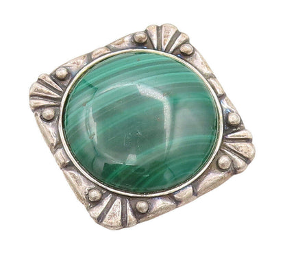 925 Sterling Silver Vintage Brooch Pin Round Malachite Carved Frame  BP10862
