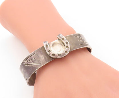 925 Sterling Silver Vintage Bracelet Dark Tone Horse Shoe Good Luck Cuff BT10976