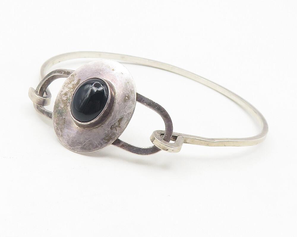 EM NAVAJO 925 Silver  Vintage Cabochon Black Onyx Hook Bangle Bracelet  BT4637