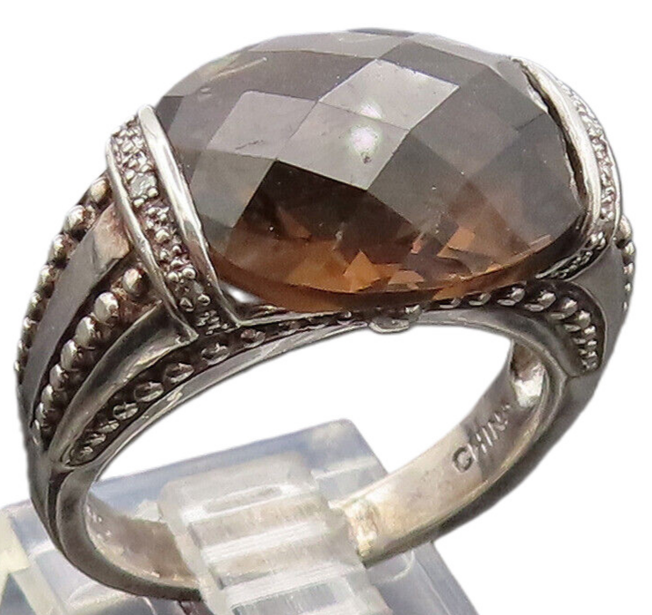 925 Silver  Vintage Smokey Quartz Carved Diamond Beaded Ring Sz 7  RG26970