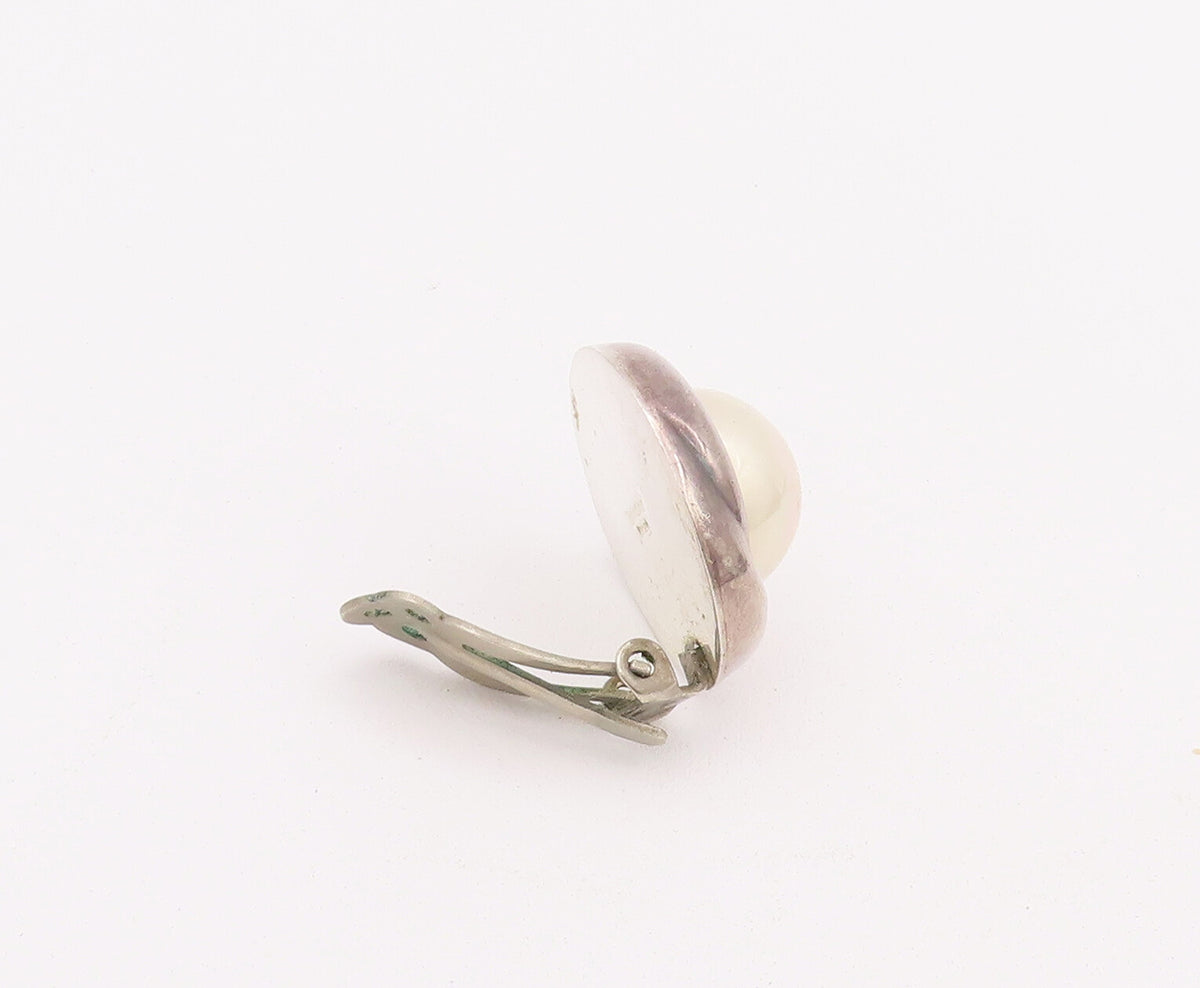 925 Sterling Silver Vintage Earrings BARRA Large Pearl Halo Carved Ring  EG12942