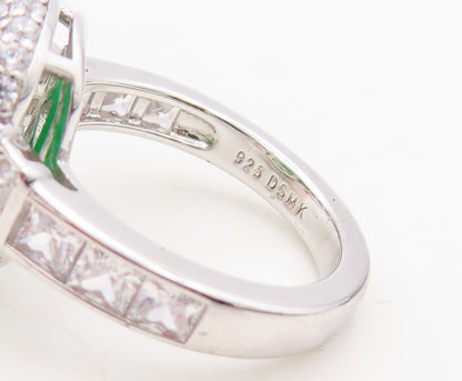 925 Sterling Silver Vintage Ring Oval Cut Green Halo White CZ  Sz 7 RG30514