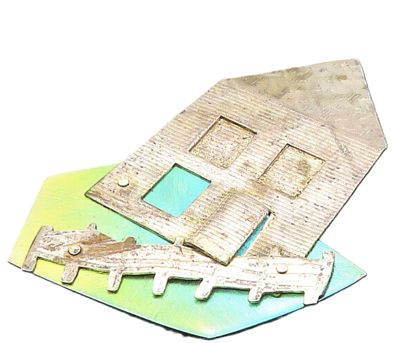 925 Sterling Silver  Vintage Modernist House & Fence Brooch Pin  BP8601