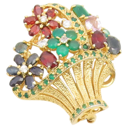 925 Sterling Silver Vintage Brooch Pin Gold Plated Gemstone Bouquet  BP12654