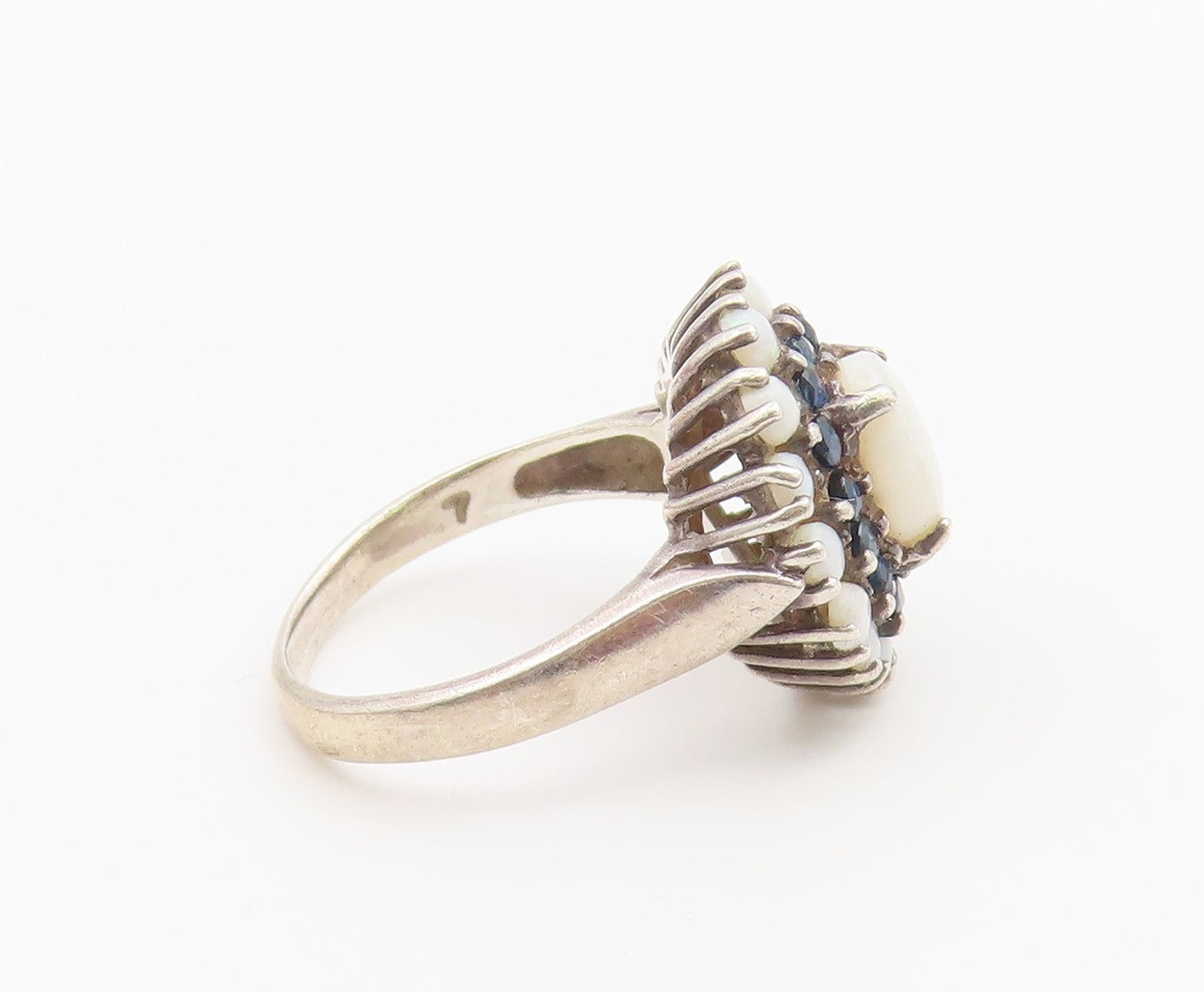 925 Sterling Silver Vintage Ring Opal & Sapphire Floral Cluster  Sz 7  RG36814