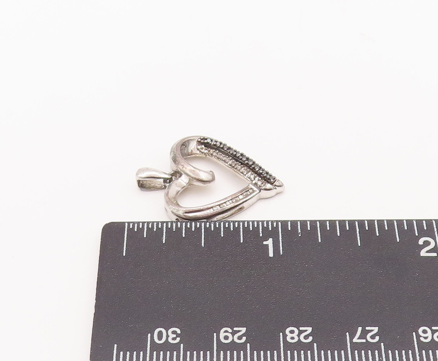 925 Sterling Silver Vintage Pendant Real Black & White Diamonds Heart  PT22634