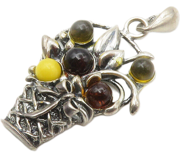 925 Sterling Silver  Vintage Cabochon Cut Amber Flower Basket Pendant  PT11116
