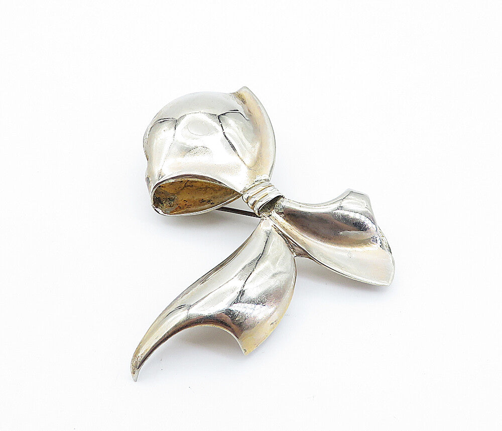 GK CO. 925 Sterling Silver  Vintage Shiny Bow Tied Ribbon Brooch Pin  BP2833