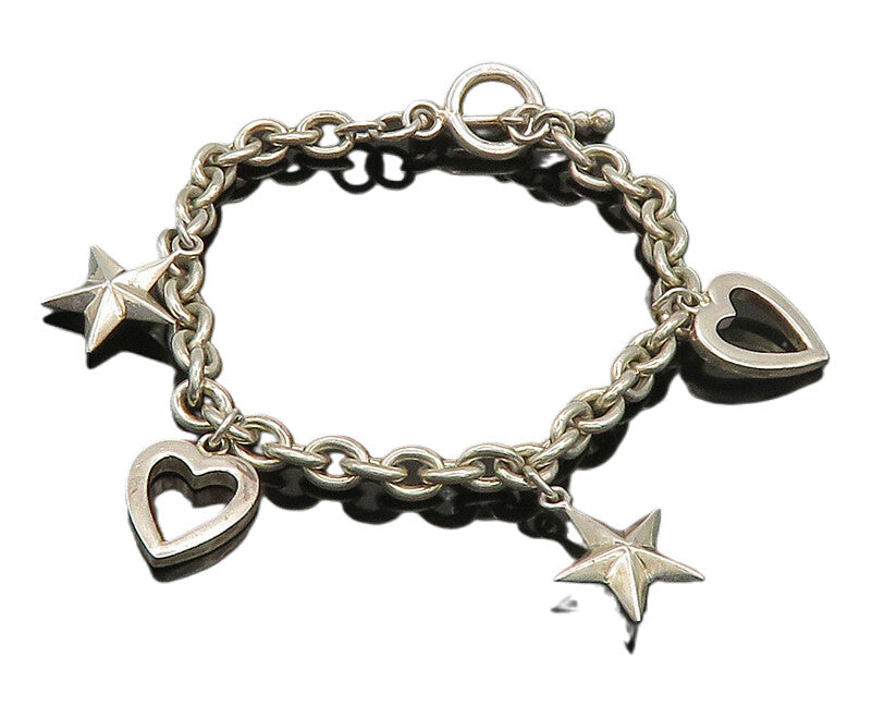 925 Sterling Silver  Vintage Shiny Love Heart & Stars Chain Bracelet  BT9070