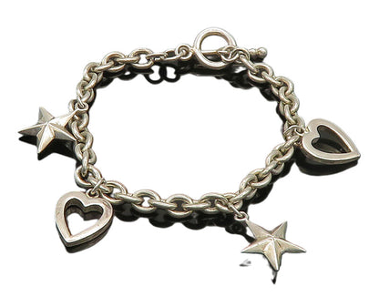 925 Sterling Silver  Vintage Shiny Love Heart & Stars Chain Bracelet  BT9070