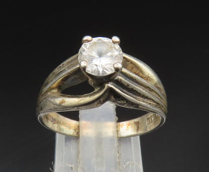 925 Silver  Vintage Cubic Zirconia Split Ribbed Shank Ring Sz 9  RG24593