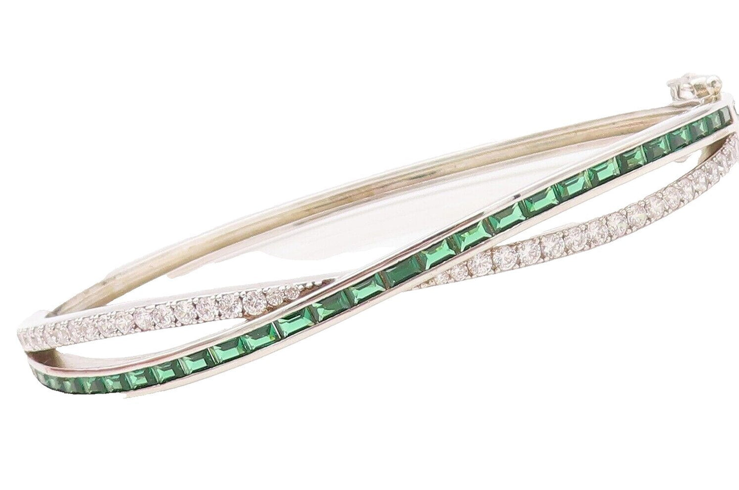 925 Sterling Silver Vintage Bracelet X Cutout Green & White Topaz Bands  BT10717