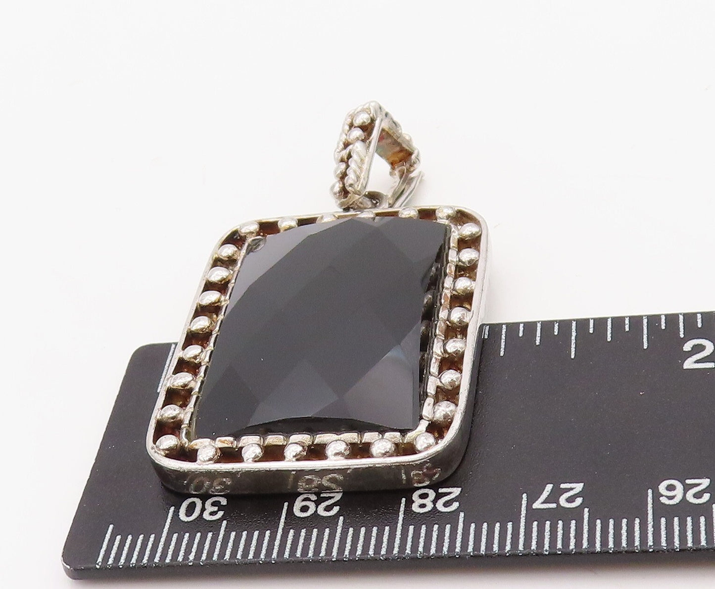 925 Sterling Silver Vintage Pendant Rectangle Cut Onyx Beaded Frame  PT23501