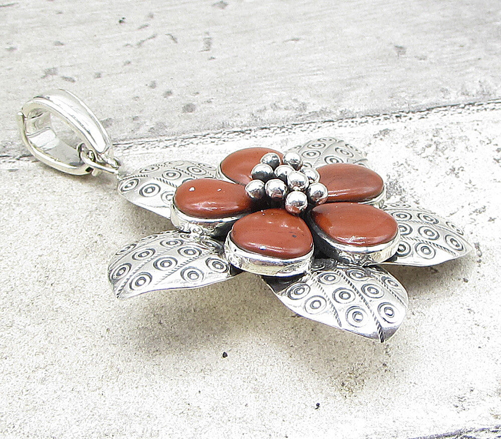 925 Sterling Silver  Red Jasper Wild Spring Flower Drop Pendant  PT1433