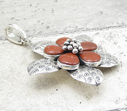 925 Sterling Silver  Red Jasper Wild Spring Flower Drop Pendant  PT1433
