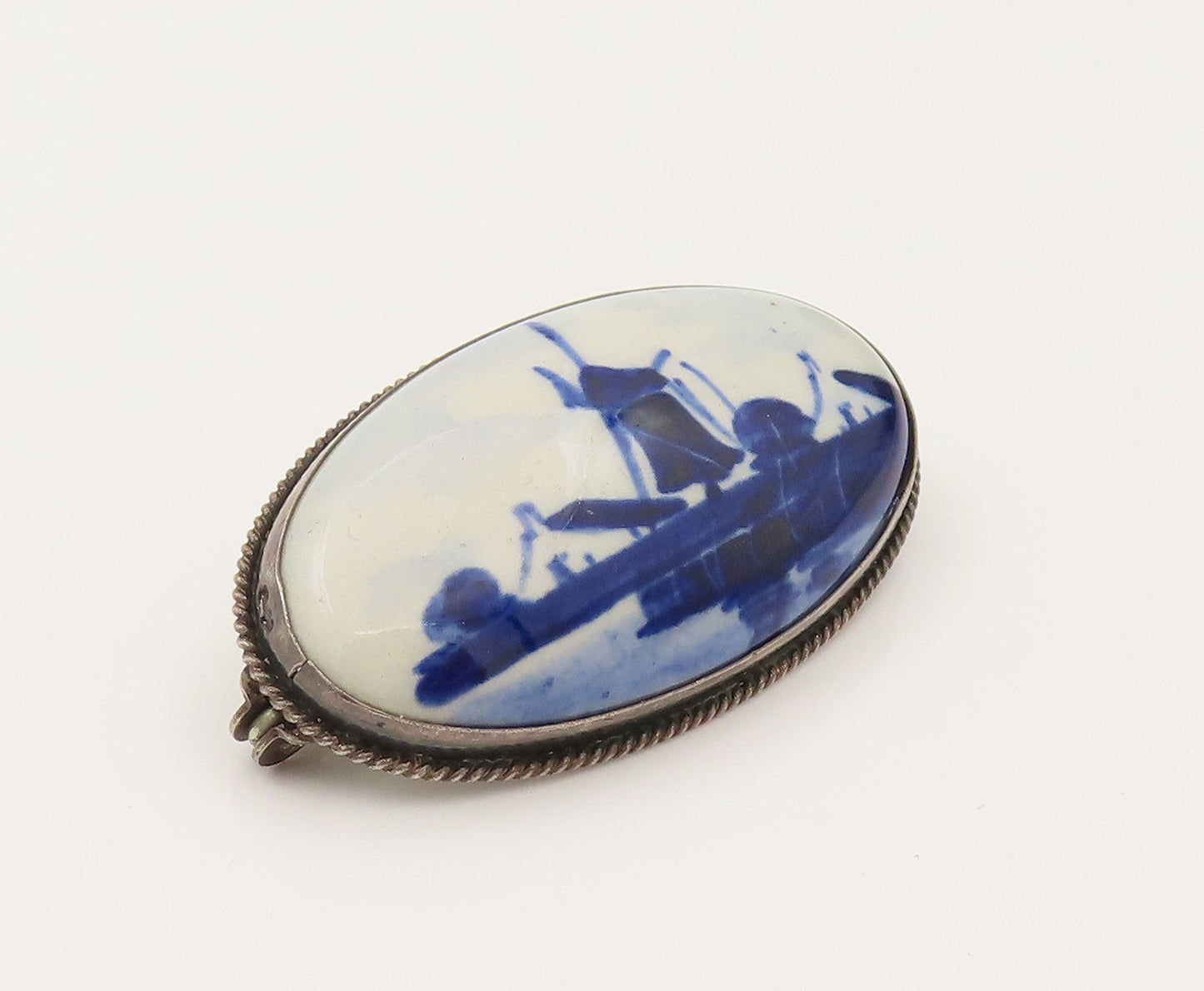 HOLLAND 925 Silver Vintage Delft Blue Porcelain Scenery Brooch Pin  BP10273