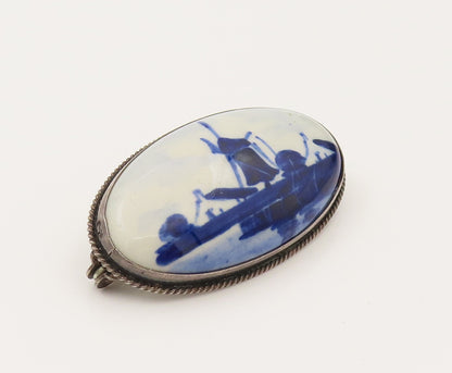 HOLLAND 925 Silver Vintage Delft Blue Porcelain Scenery Brooch Pin  BP10273