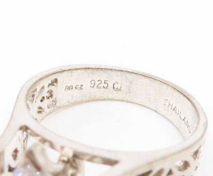 925 Sterling Silver Vintage Ring Marquise Cut CZ Floral Cutout  Sz 7  RG35131