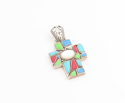 925 Sterling Silver Vintage Pendant Multi Gemstone Religious Cross  PT26534