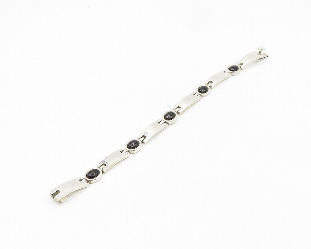925 Sterling Silver  Vintage Cabochon Cut Black Onyx Chain Bracelet  BT7647
