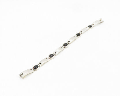 925 Sterling Silver  Vintage Cabochon Cut Black Onyx Chain Bracelet  BT7647