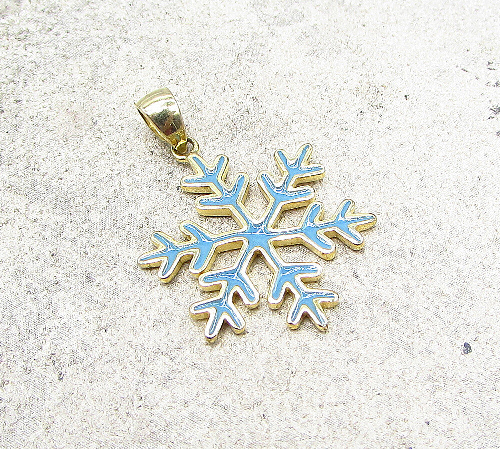Gold Over 925 Sterling Silver Blue Enamel Snowflake Drop Pendant PT1480