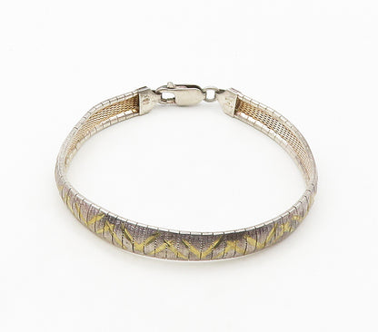 925 Sterling Silver   Vintage Shiny Two Tone Panel Chain Bracelet  BT6401