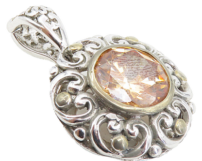 925 Sterling Silver  Peach Color Cubic Zirconia Two Tone Swirl Pendant  PT6485