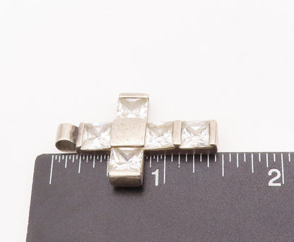 925 Sterling Silver Vintage Pendant Checked Pattern Square Cut CZ Cross  PT23001