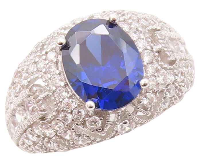925 Sterling Silver Vintage Ring Designer Cutout Sapphire & CZ   Sz 7.5  RG30915