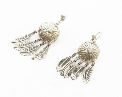 SOUTHWESTERN 925 Silver  Vintage Floral Feathers Motif Dangle Earrings  EG7108