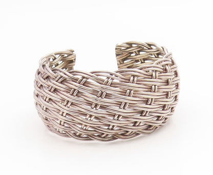 925 Sterling Silver Vintage Bracelet Modernist Basketweave Wide Cuff  BT11917
