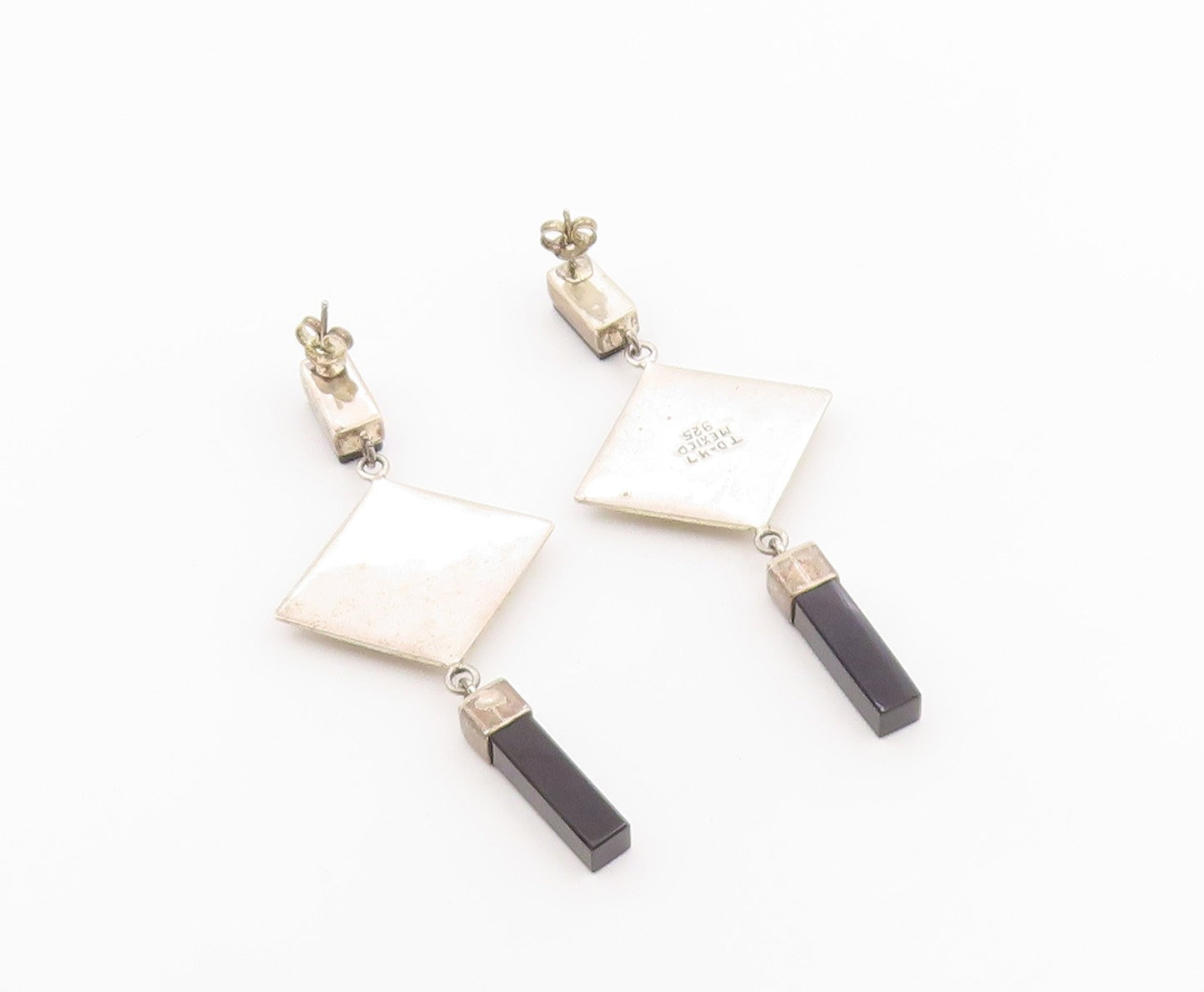 925 Sterling Silver Vintage Earrings MEXICO Black Onyx Geometric Dangle  EG14441