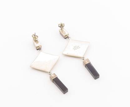 925 Sterling Silver Vintage Earrings MEXICO Black Onyx Geometric Dangle  EG14441