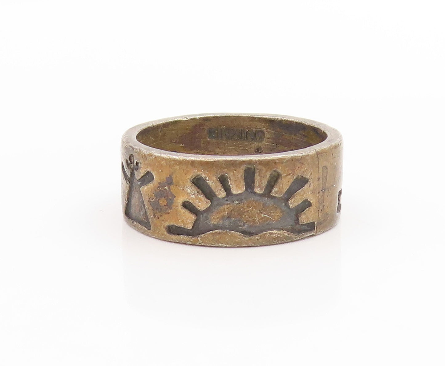 925 Sterling Silver Vintage Ring MEXICO Tribal Sunburst Wide Band Sz 8.5 RG33967