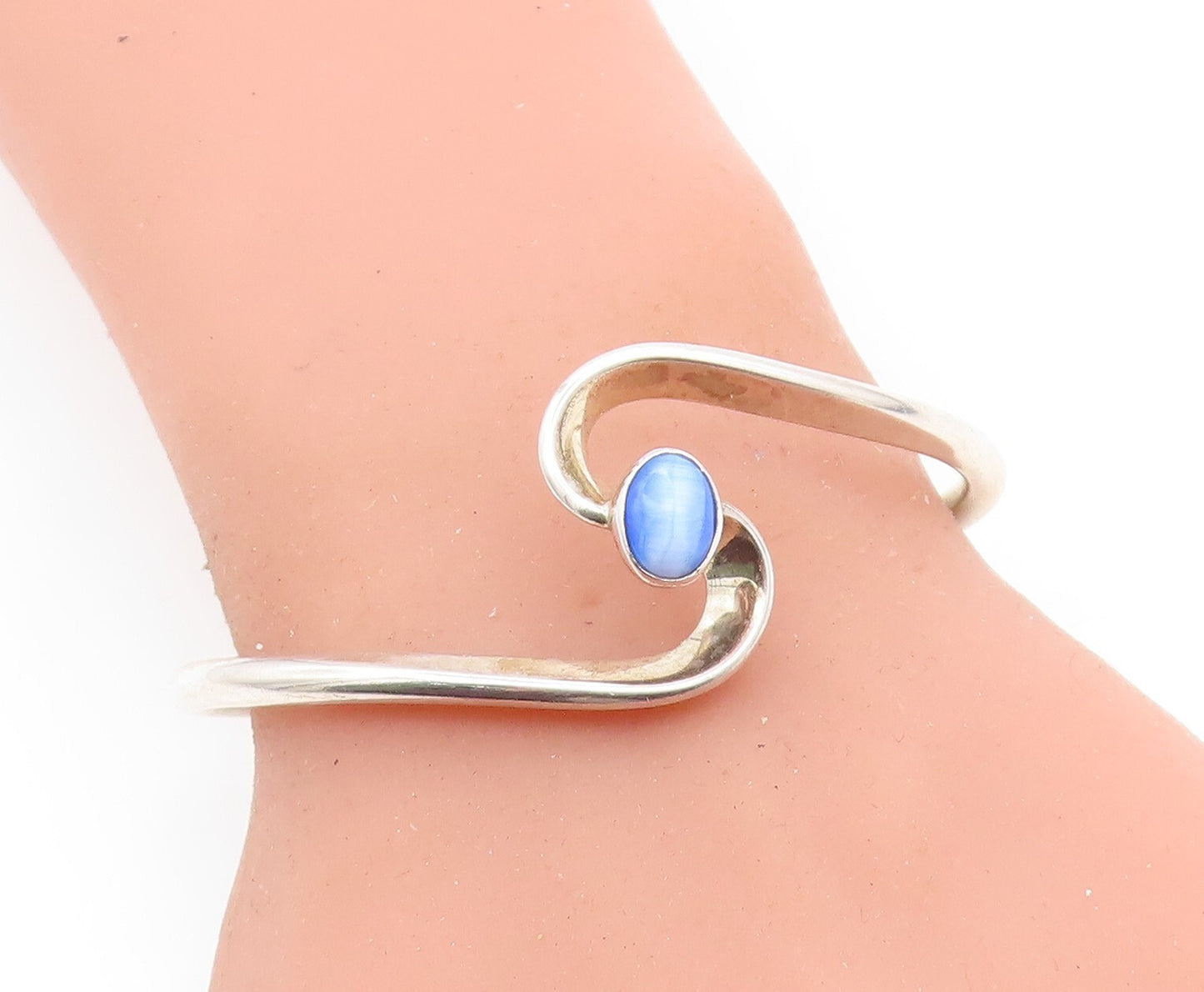 MEXICO 925 Sterling Silver  Vintage Blue Cat's Eye Topaz Cuff Bracelet  BT2751