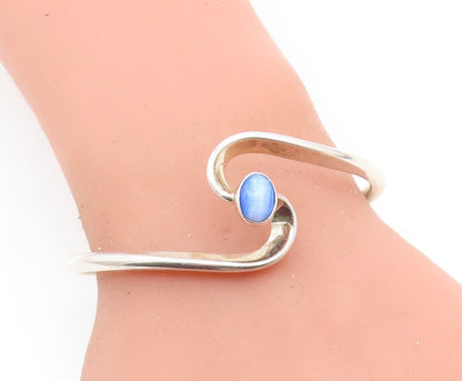 MEXICO 925 Sterling Silver  Vintage Blue Cat's Eye Topaz Cuff Bracelet  BT2751