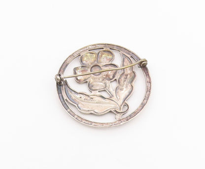 925 Sterling Silver  Vintage Single Flower Motif Round Brooch Pin  BP3785