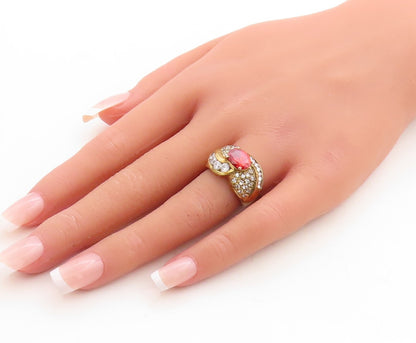 925 Sterling Silver Vintage Ring Gold Plated Designer Red White CZ Sz 6  RG31214