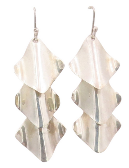 925 Sterling Silver Vintage Earrings MEXICO Wave Effect Drop Squares  EG13480