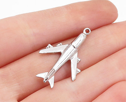 925 Sterling Silver  Vintage Shiny Flying Airplane Motif Drop Pendant  PT2647