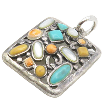 925 Sterling Silver Vintage Turquoise Mother Of Pearl & Jasper Pendant PT13558