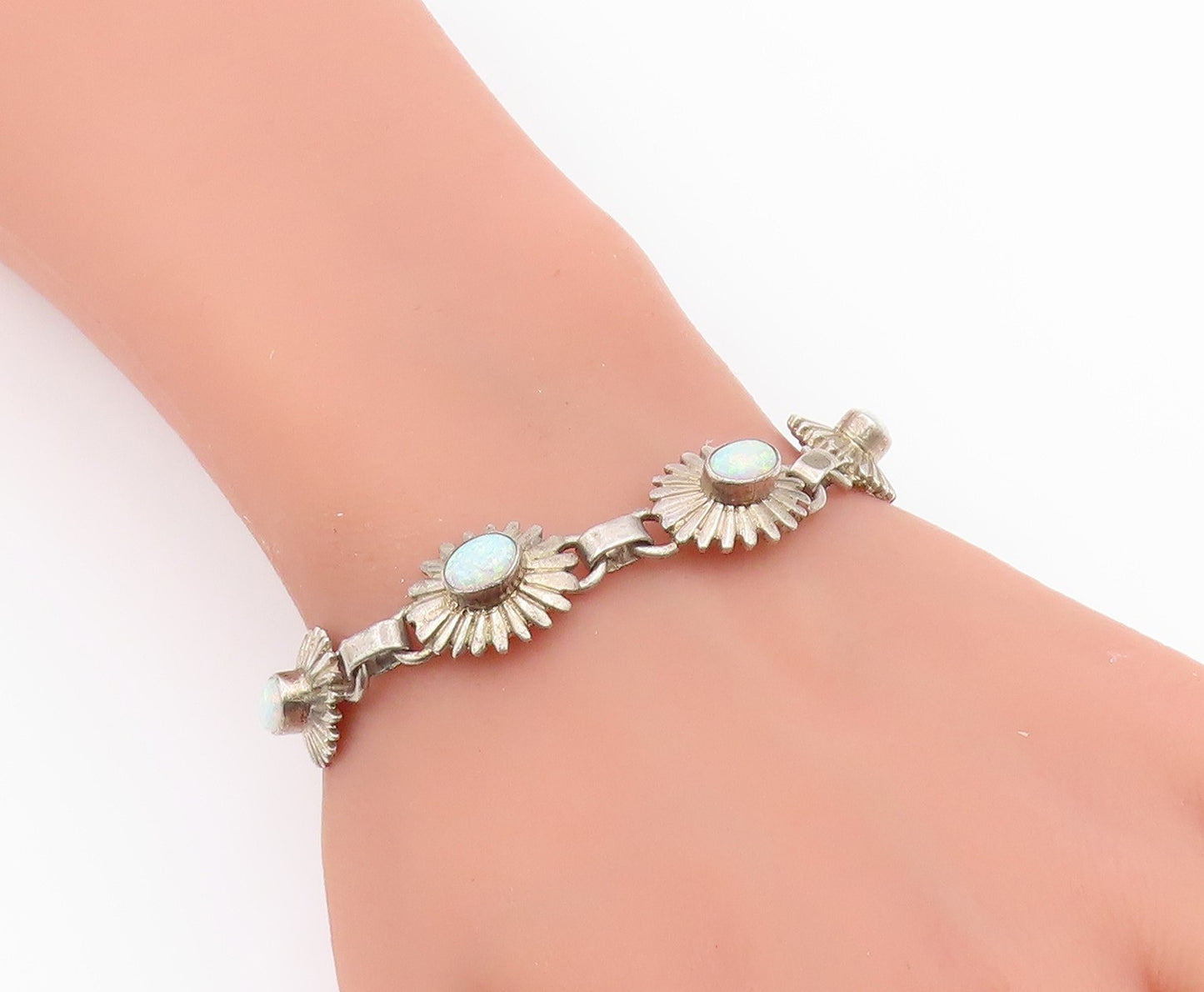 925 Sterling Silver Vintage Bracelet SOUTHWESTERN Fire Opal Floral Link  BT12177